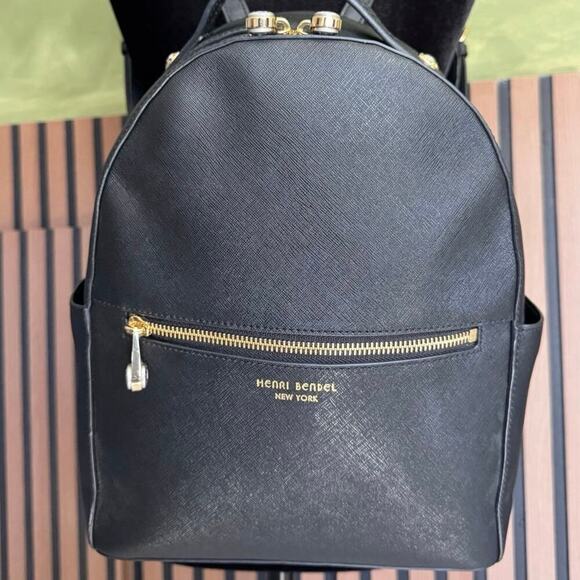 Henri Bendel West 57th Backpack Leather Round Bag Adjustable Straps Black Gold - Picture 5 of 7